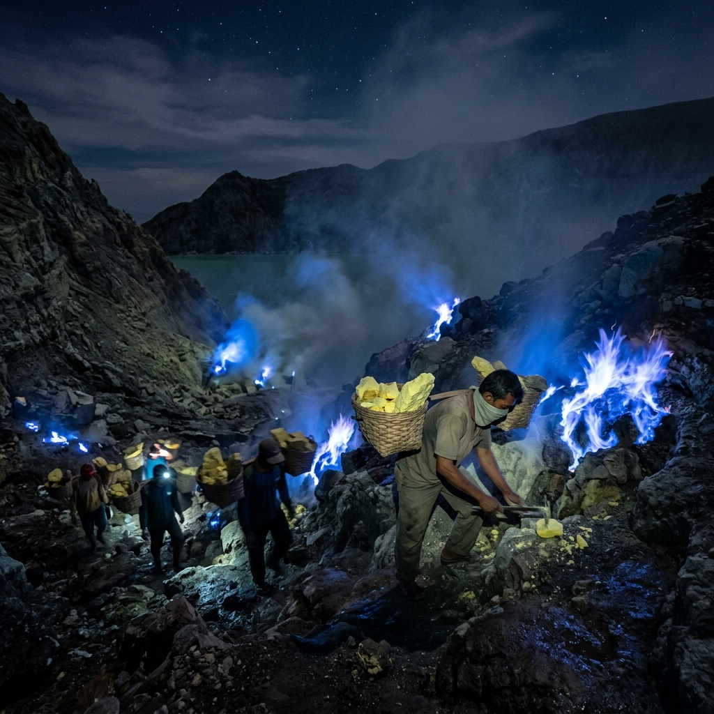 Pemandangan fenomena Blue Fire di kegelapan malam Kawah Ijen