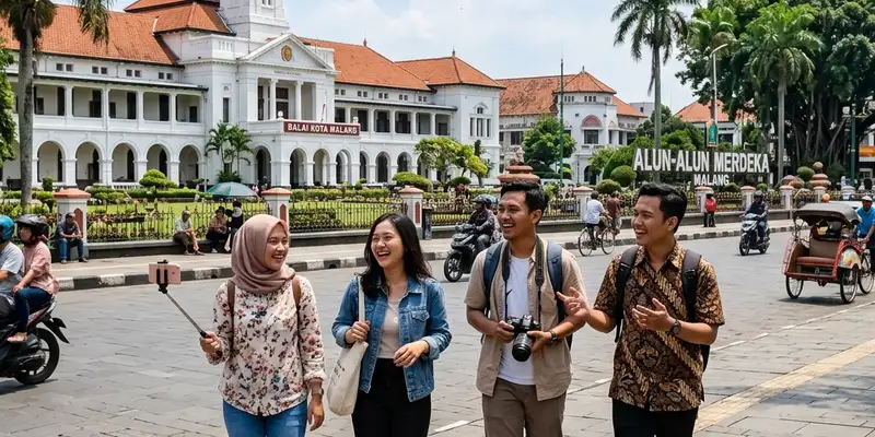 Wisatawan menikmati jalan santai di sekitar alun-alun dan landmark pusat kota Malang