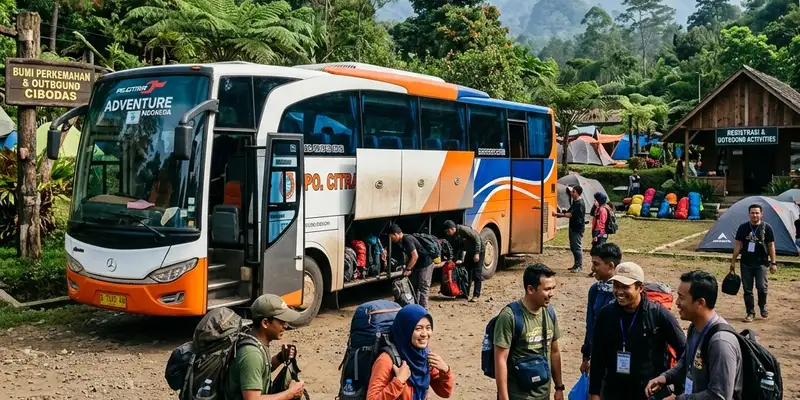 Peserta outbound turun dari bus setibanya di lokasi