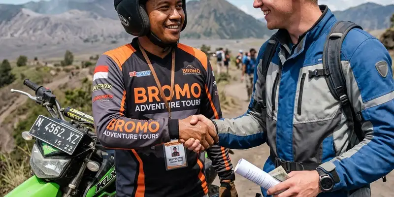 Seseorang sedang bersalaman dengan operator motor trail wisata yang profesional
