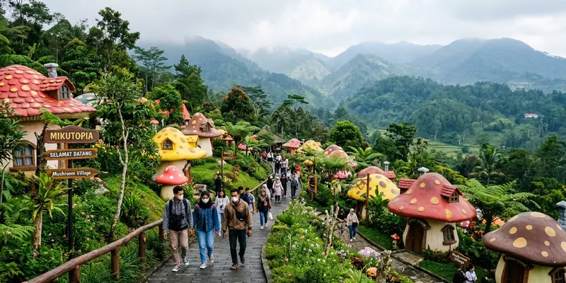 Suasana jalan setapak di tengah desa jamur bertema fantasi Mikutopia Batu