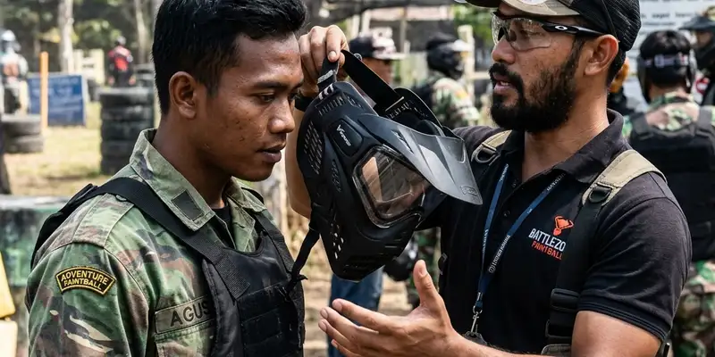 Instruktur memberikan briefing keselamatan dan memakaikan pelindung wajah