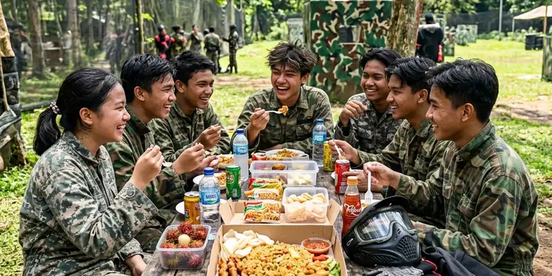 Para remaja berkumpul menikmati hidangan setelah bermain paintball