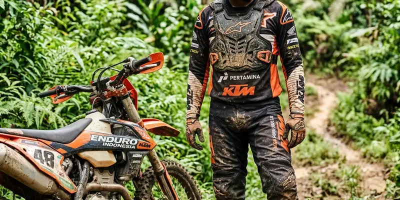 Seseorang memakai perlengkapan keselamatan motor trail lengkap