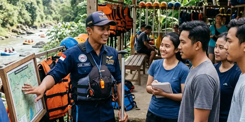 Wisatawan berdiskusi dengan guide rafting yang bersertifikat di basecamp