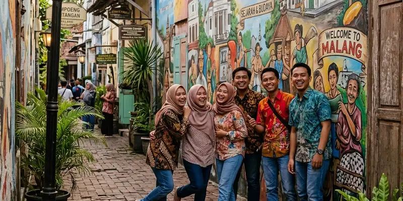 Wisatawan berfoto di depan mural dinding Kampung Heritage Kayutangan