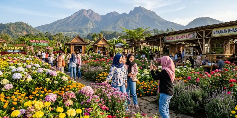 Hamparan bunga mekar dan bangunan joglo tradisional di Dusun Kuliner Batu