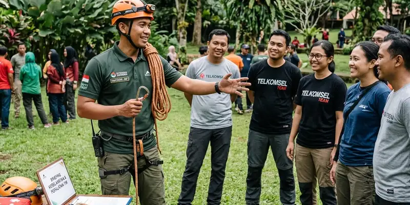 Fasilitator outbound memberikan safety briefing dan simulasi peralatan