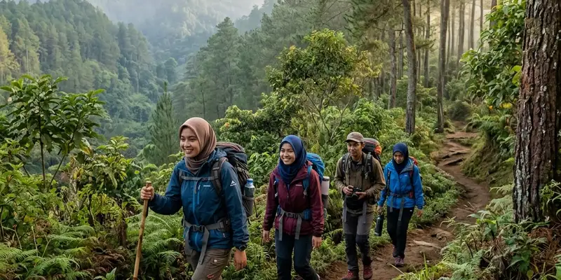 Wisatawan menikmati trekking ringan di jalur alam pegunungan Batu Malang